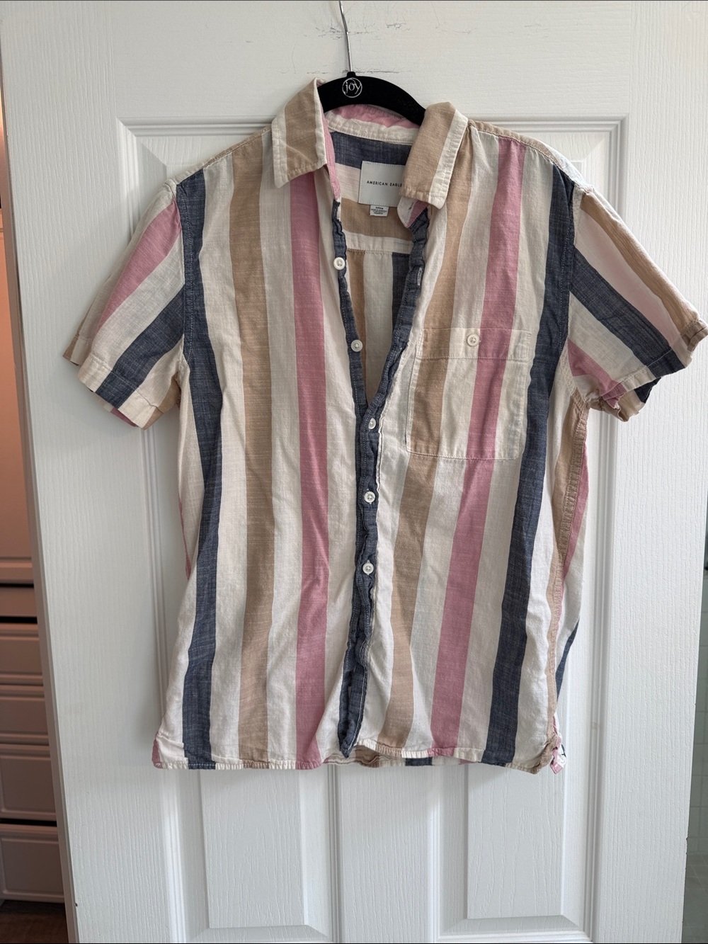 Casual Short-Sleeve Stripe Button-Down Shirt - Pink, Blue, Tan